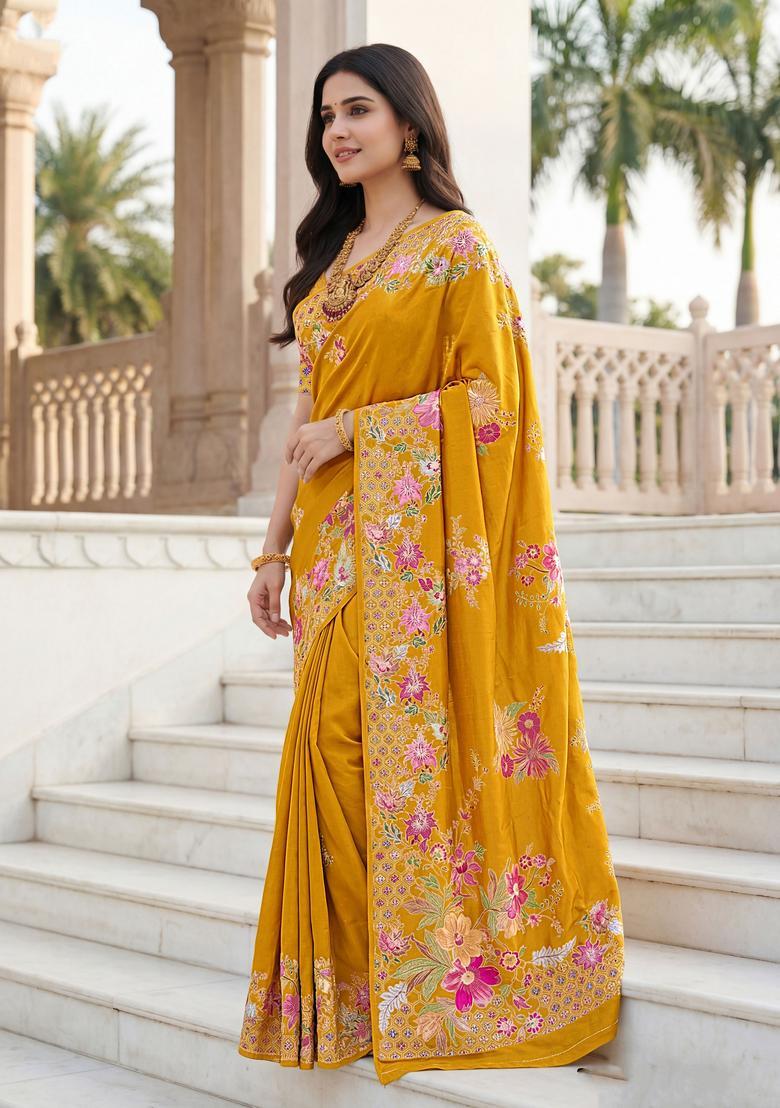 Mustard Floral Print Silk Saree Set - Indya