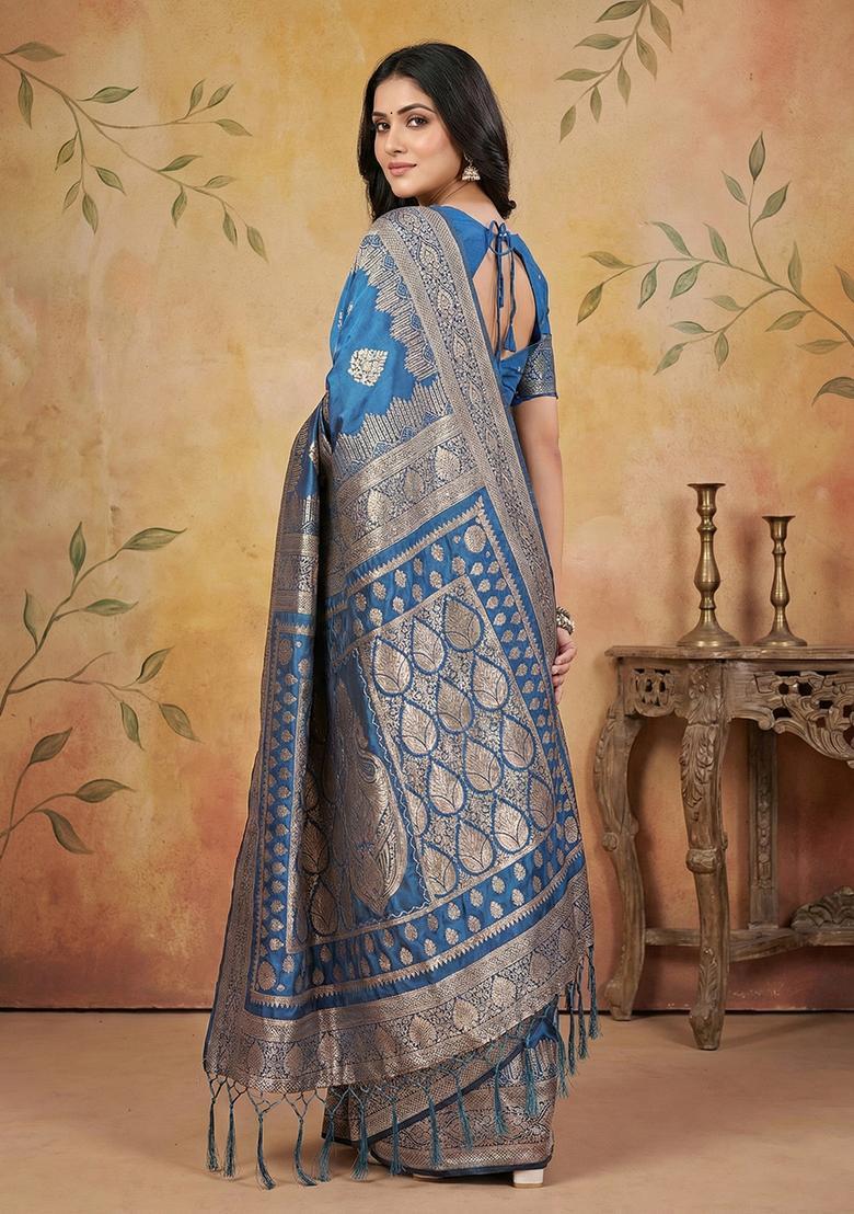 Sky Blue Zari Work Silk Saree Set - Indya