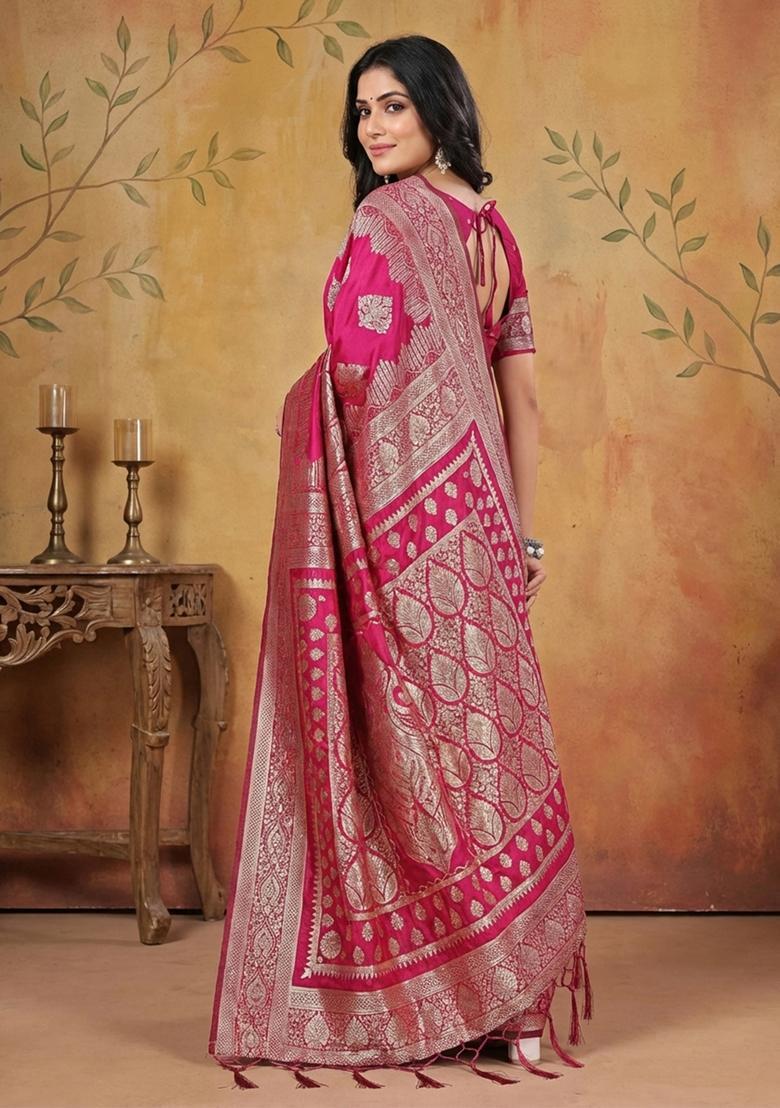 Magenta Zari Work Silk Saree Set - Indya