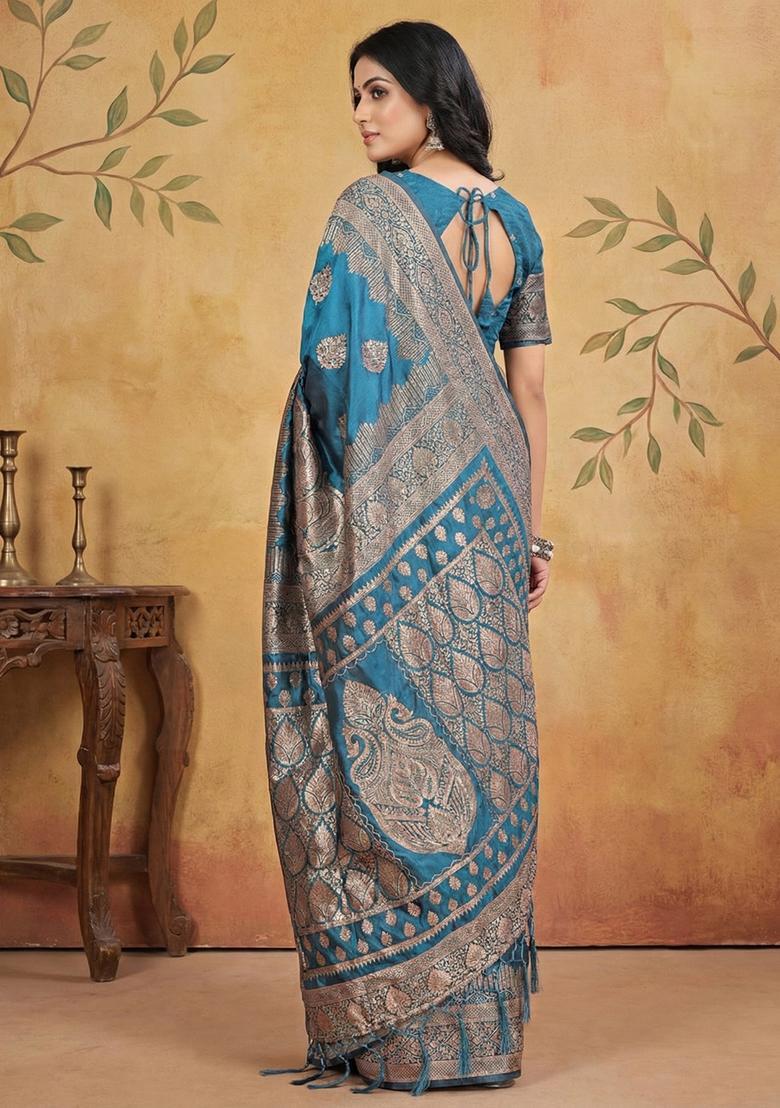 Teal Zari Work Silk Saree Set - Indya