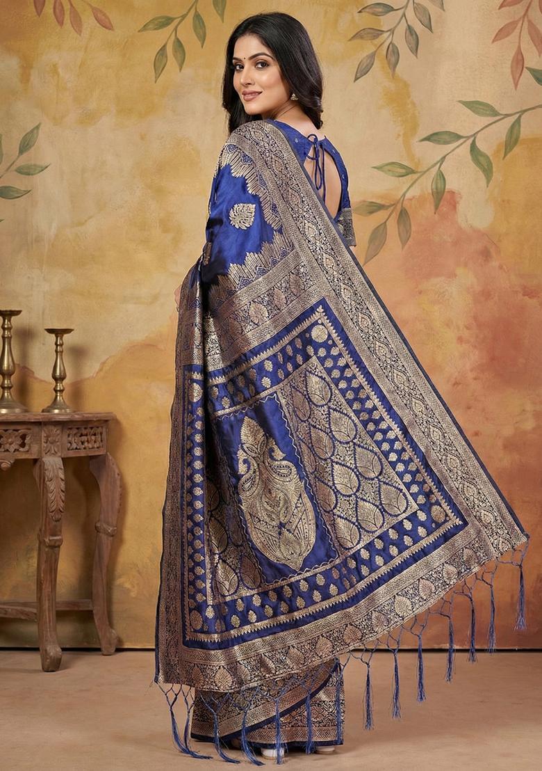 Navy Blue Zari Work Silk Saree Set - Indya