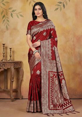 Maroon Zari Work Silk Saree Set