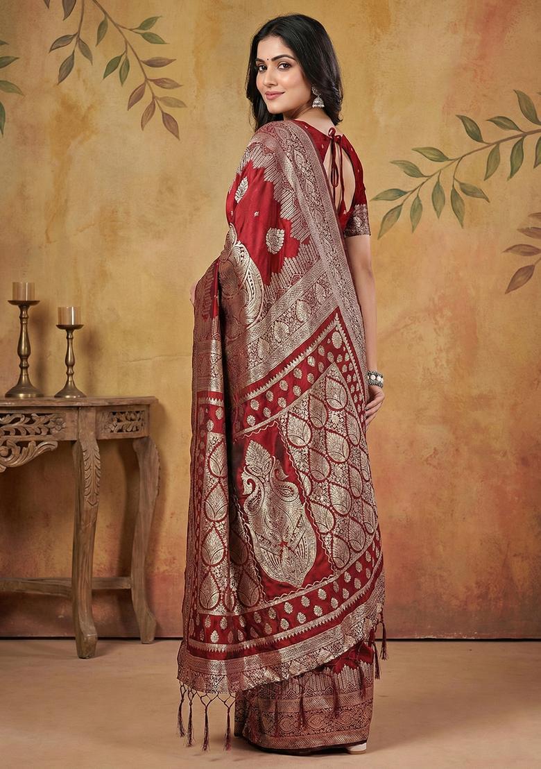 Maroon Zari Work Silk Saree Set - Indya