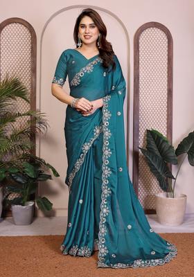 Teal Zari Work Chiffon Saree Set