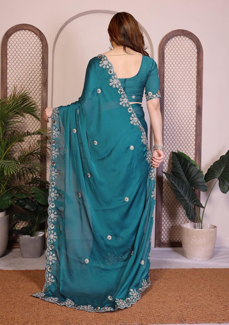 Teal Zari Work Chiffon Saree Set - Indya