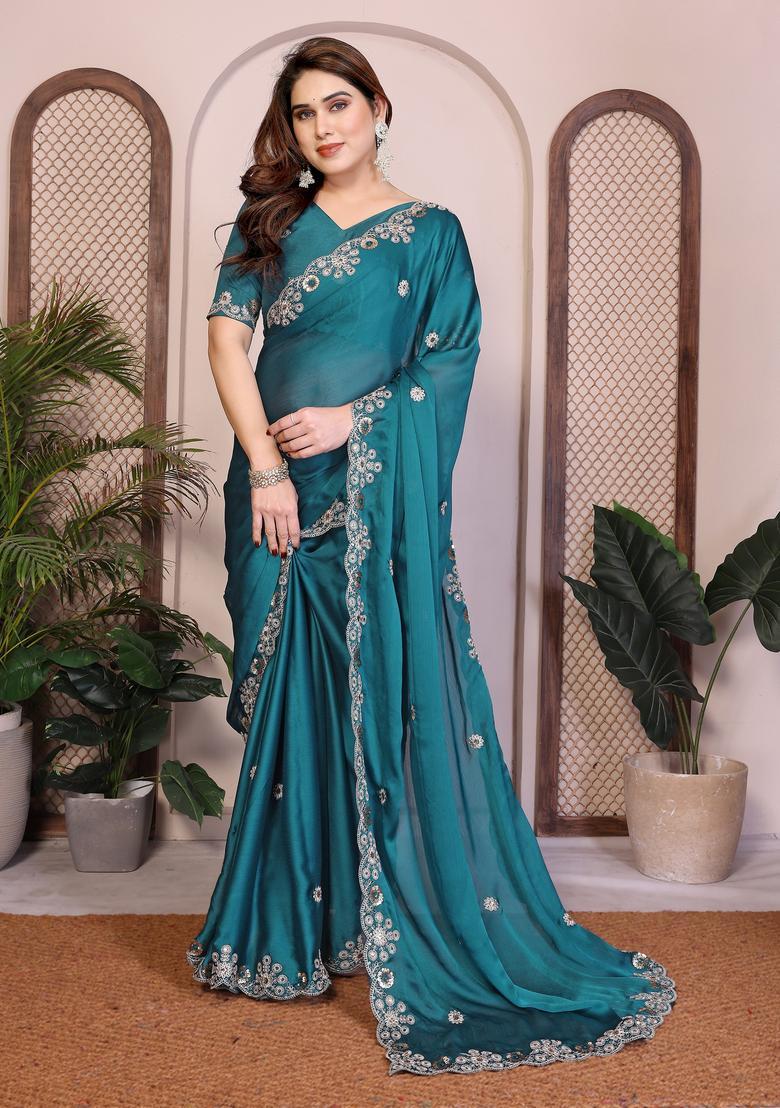 Teal Zari Work Chiffon Saree Set - Indya