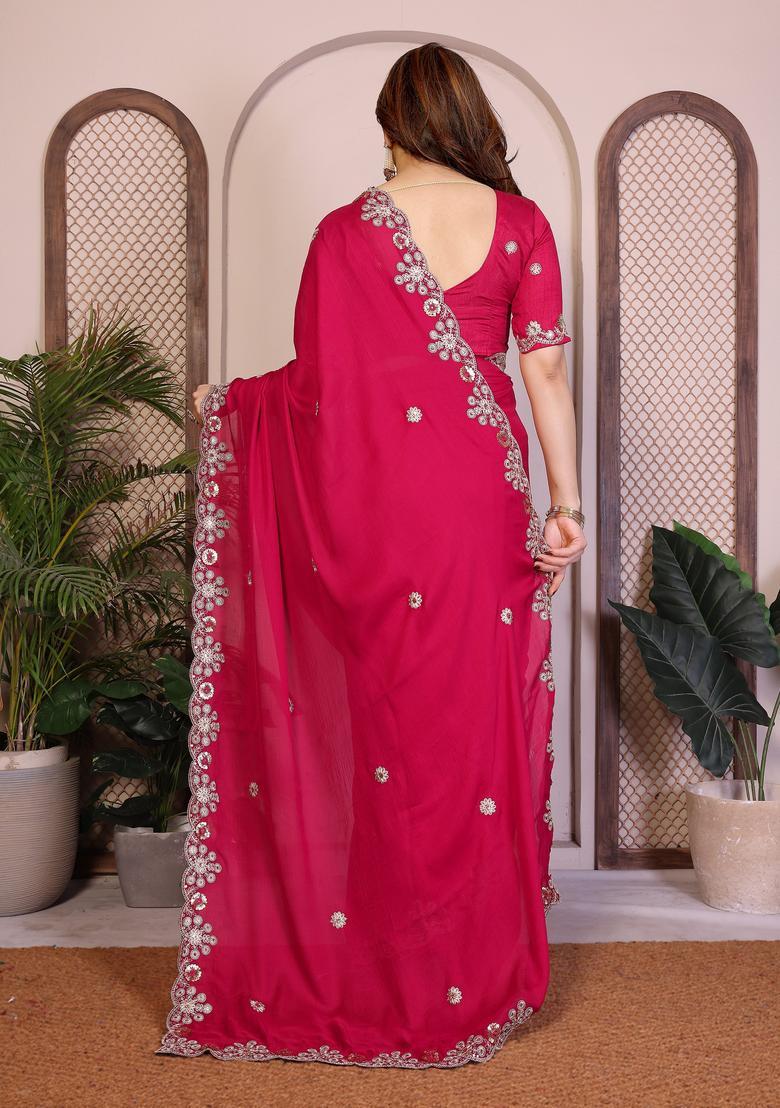 Pink Zari Work Chiffon Saree Set - Indya
