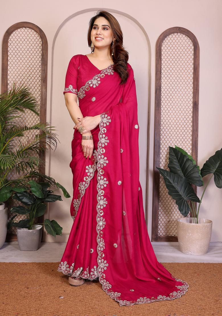 Pink Zari Work Chiffon Saree Set - Indya