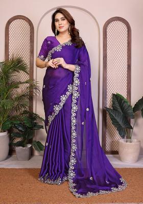 Purple Zari Work Chiffon Saree Set