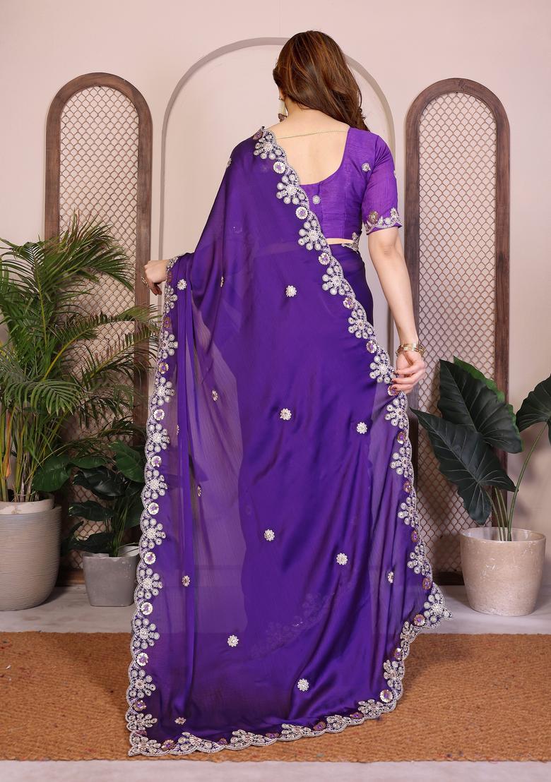 Purple Zari Work Chiffon Saree Set - Indya