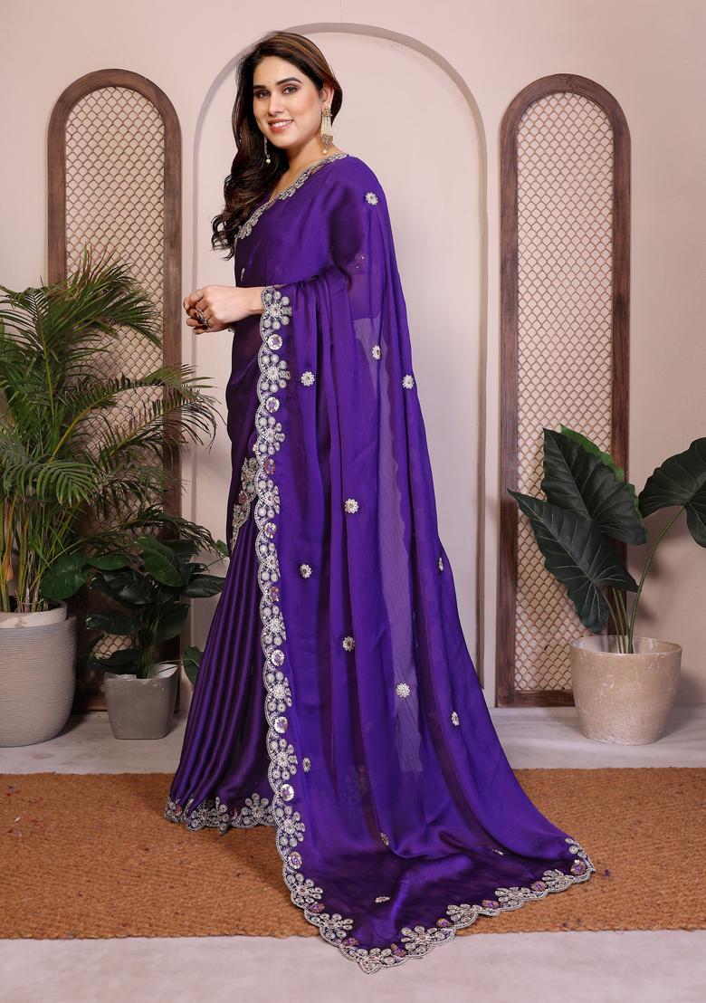 Purple Zari Work Chiffon Saree Set - Indya