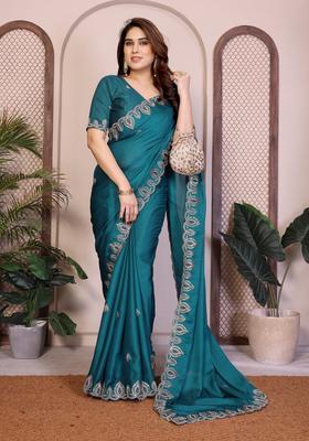 Teal Zari Work Chiffon Saree Set