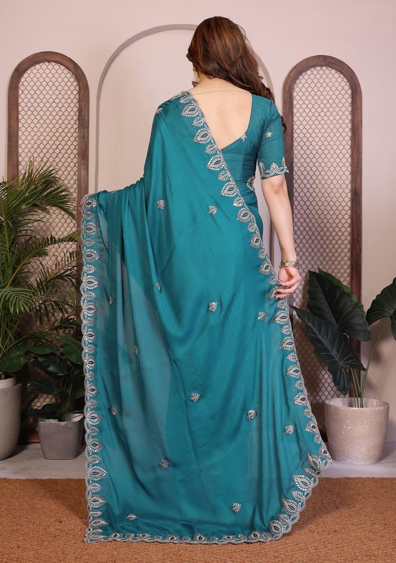 Teal Zari Work Chiffon Saree Set - Indya