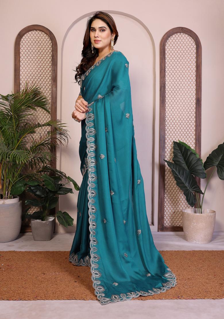 Teal Zari Work Chiffon Saree Set - Indya