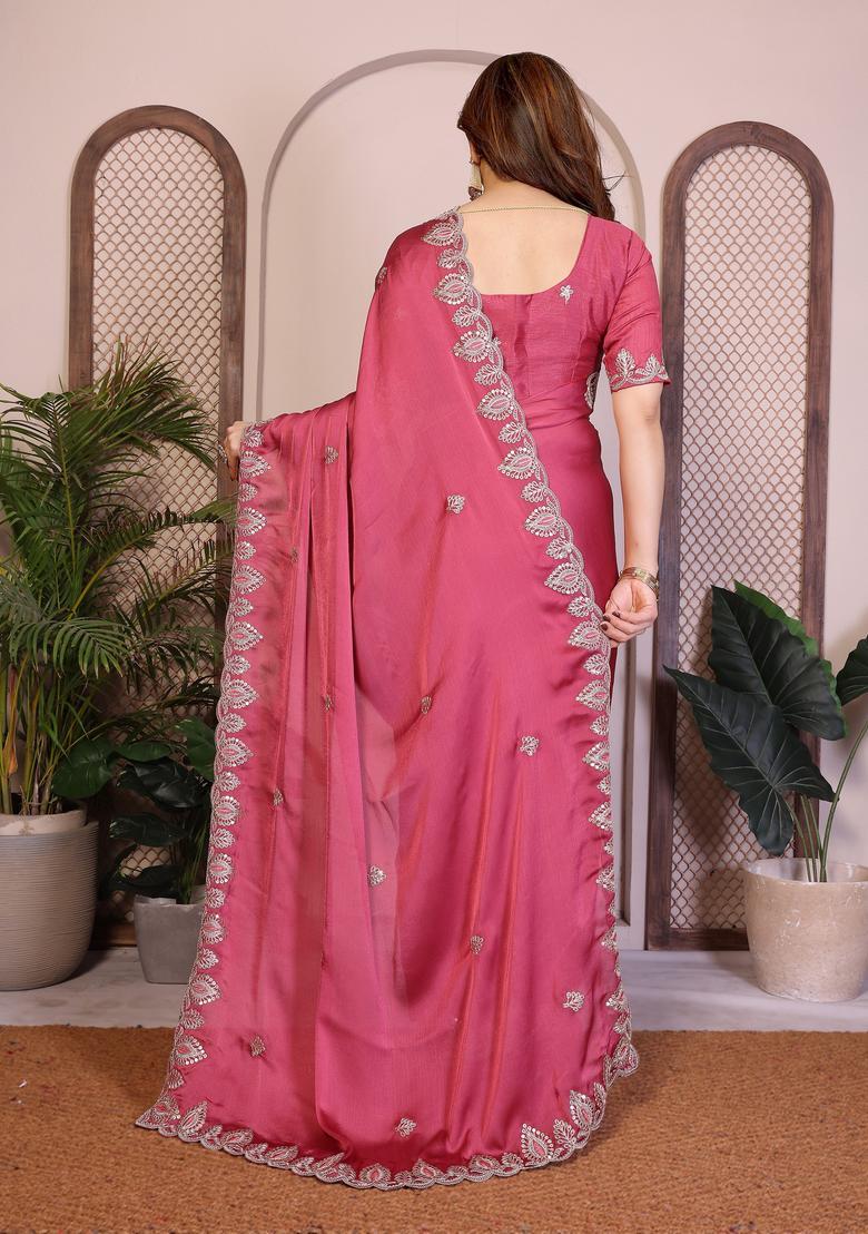 Pink Zari Work Chiffon Saree Set - Indya