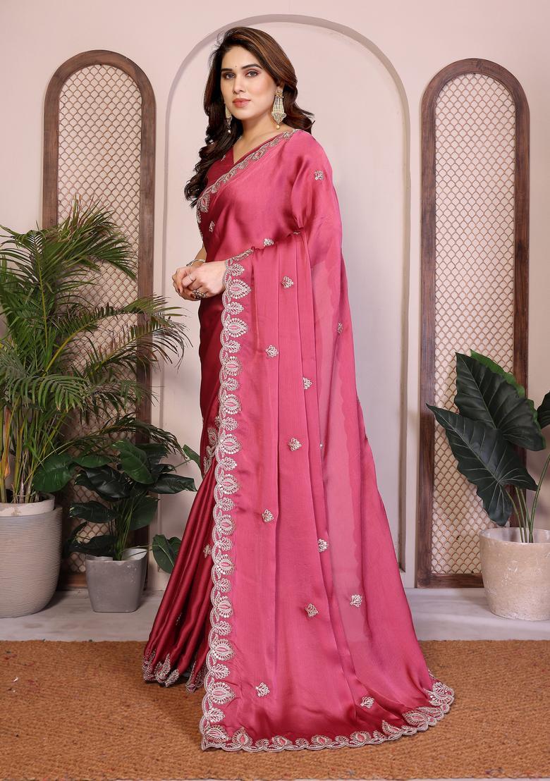 Pink Zari Work Chiffon Saree Set - Indya