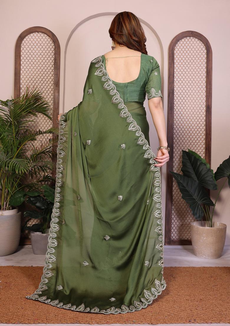 Green Zari Work Chiffon Saree Set - Indya