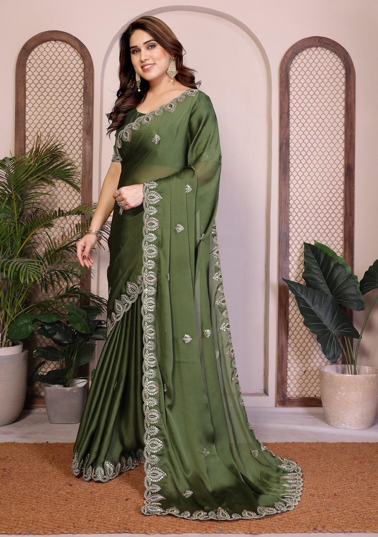 Green Zari Work Chiffon Saree Set - Indya