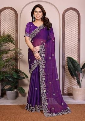 Purple Zari Work Chiffon Saree Set