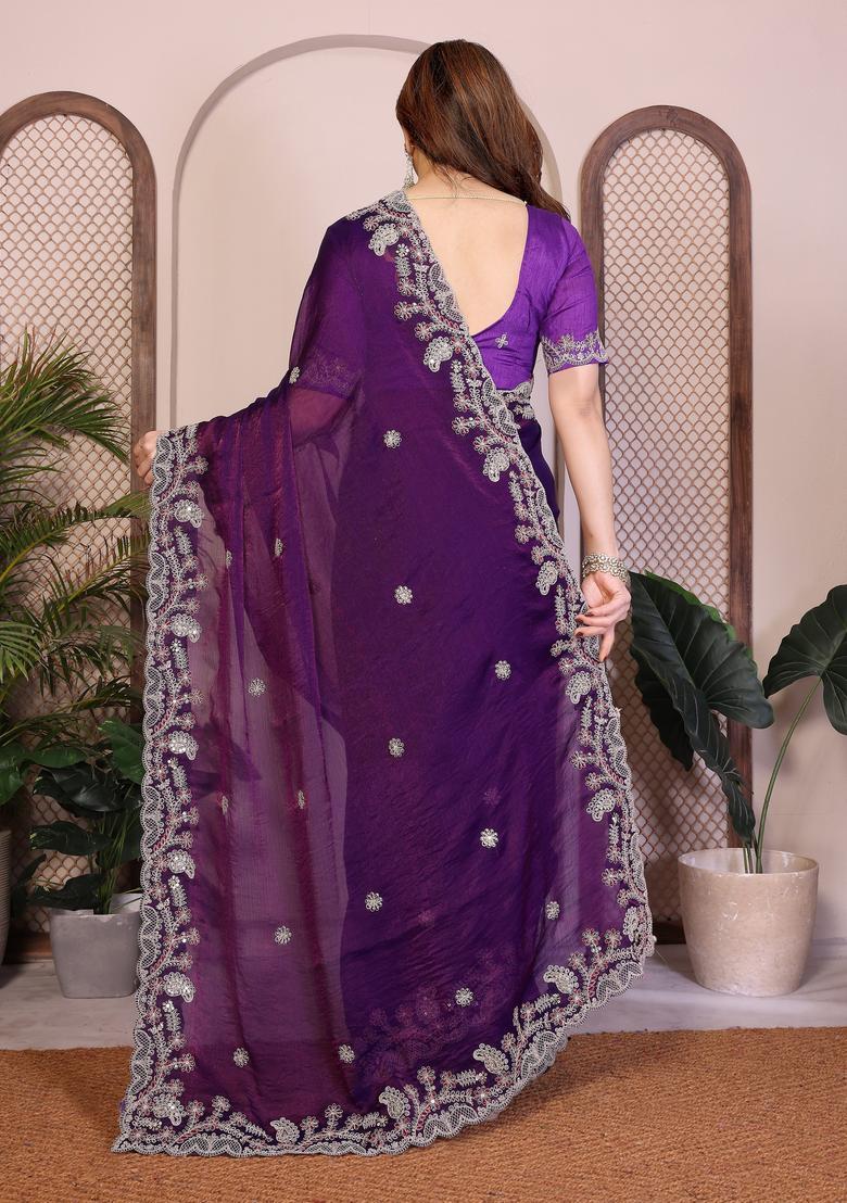 Purple Zari Work Chiffon Saree Set - Indya
