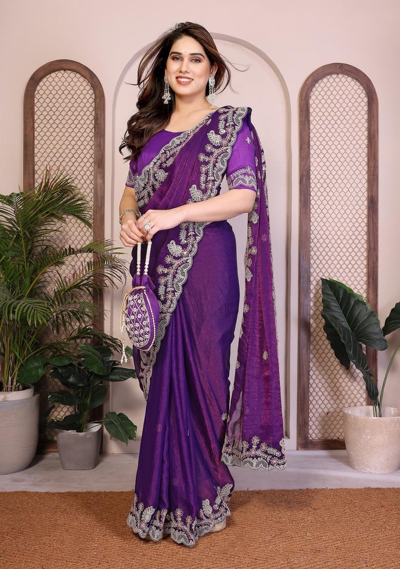 Purple Zari Work Chiffon Saree Set - Indya