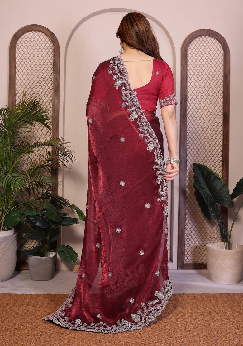 Maroon Zari Work Chiffon Saree Set - Indya