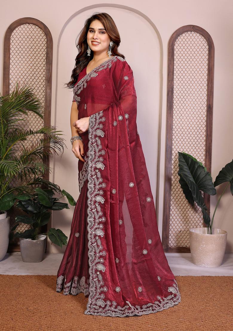 Maroon Zari Work Chiffon Saree Set - Indya