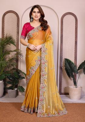Yellow Zari Work Chiffon Saree Set