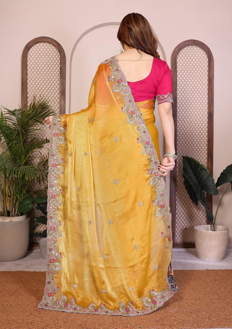 Yellow Zari Work Chiffon Saree Set - Indya