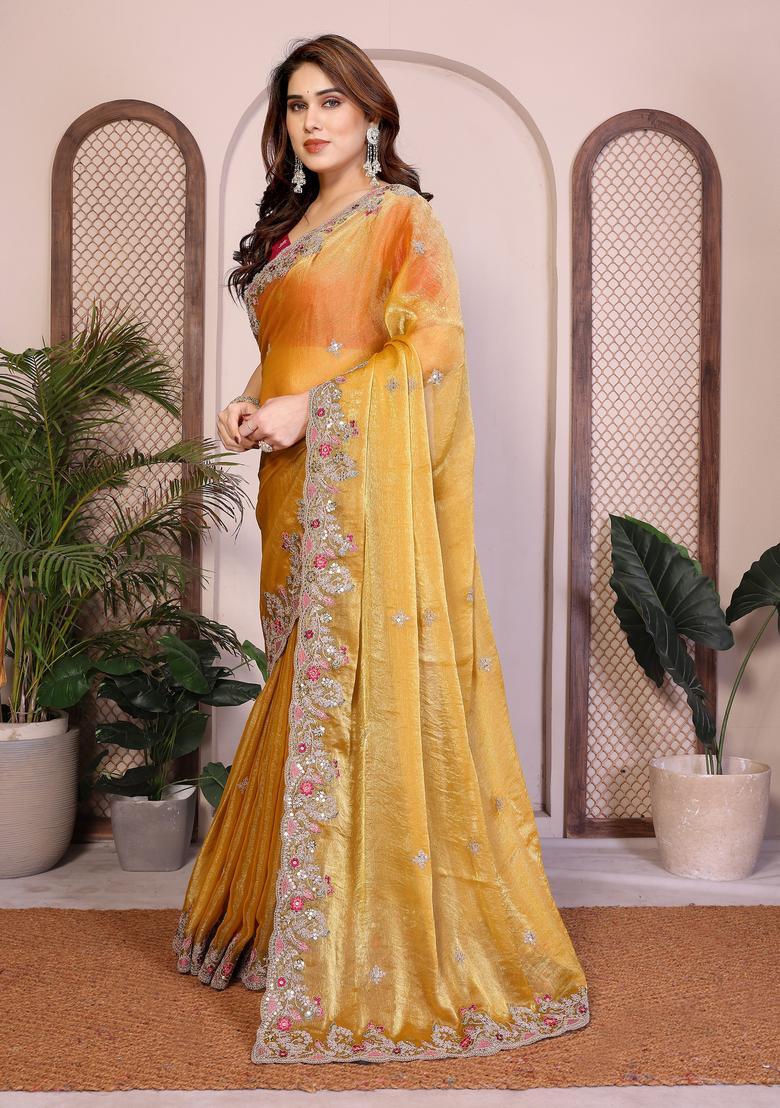 Yellow Zari Work Chiffon Saree Set - Indya