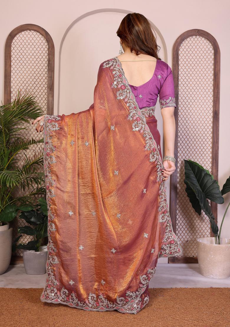 Golden Zari Work Chiffon Saree Set - Indya