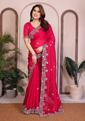 Pink Zari Work Chiffon Saree Set