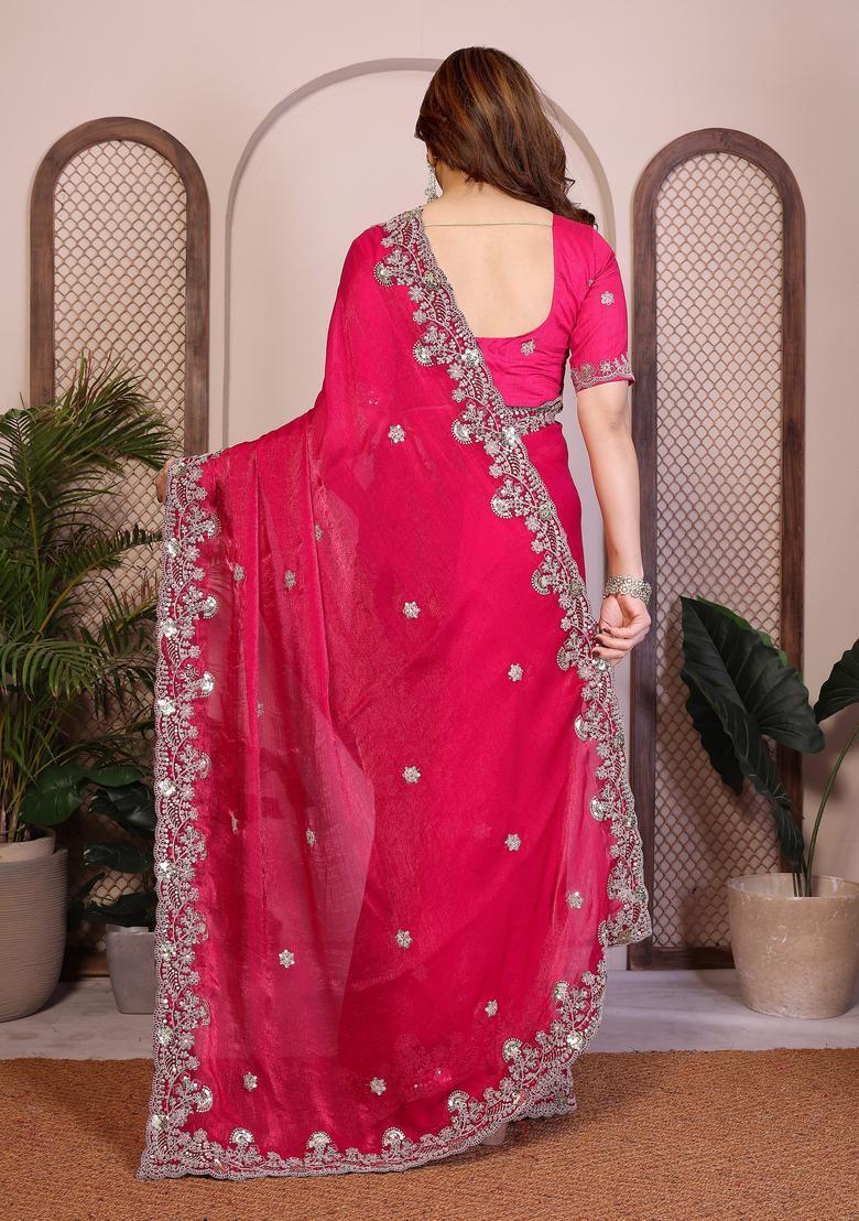 Pink Zari Work Chiffon Saree Set - Indya