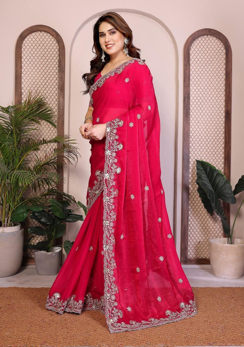 Pink Zari Work Chiffon Saree Set - Indya