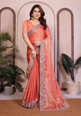 Orange Zari Work Chiffon Saree Set