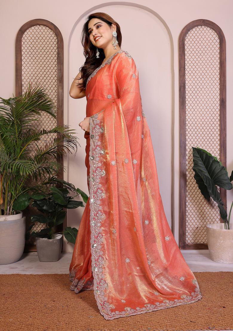 Orange Zari Work Chiffon Saree Set - Indya