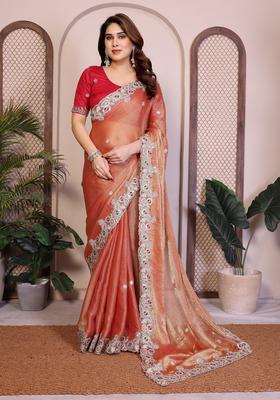 Orange Zari Work Chiffon Saree Set