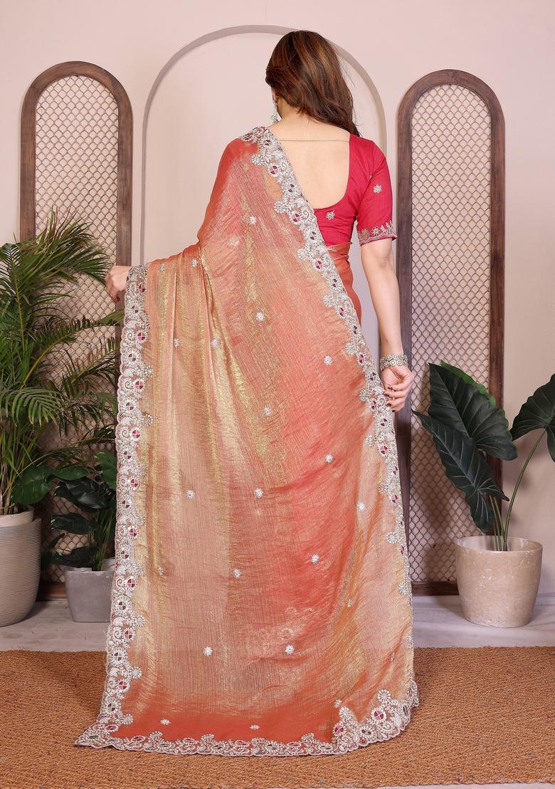 Orange Zari Work Chiffon Saree Set - Indya
