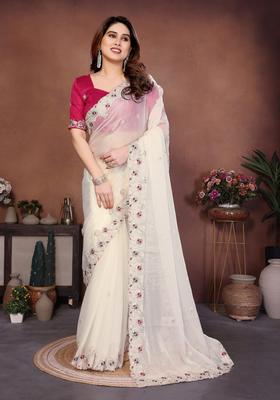 Cream Zari Work Chiffon Saree Set