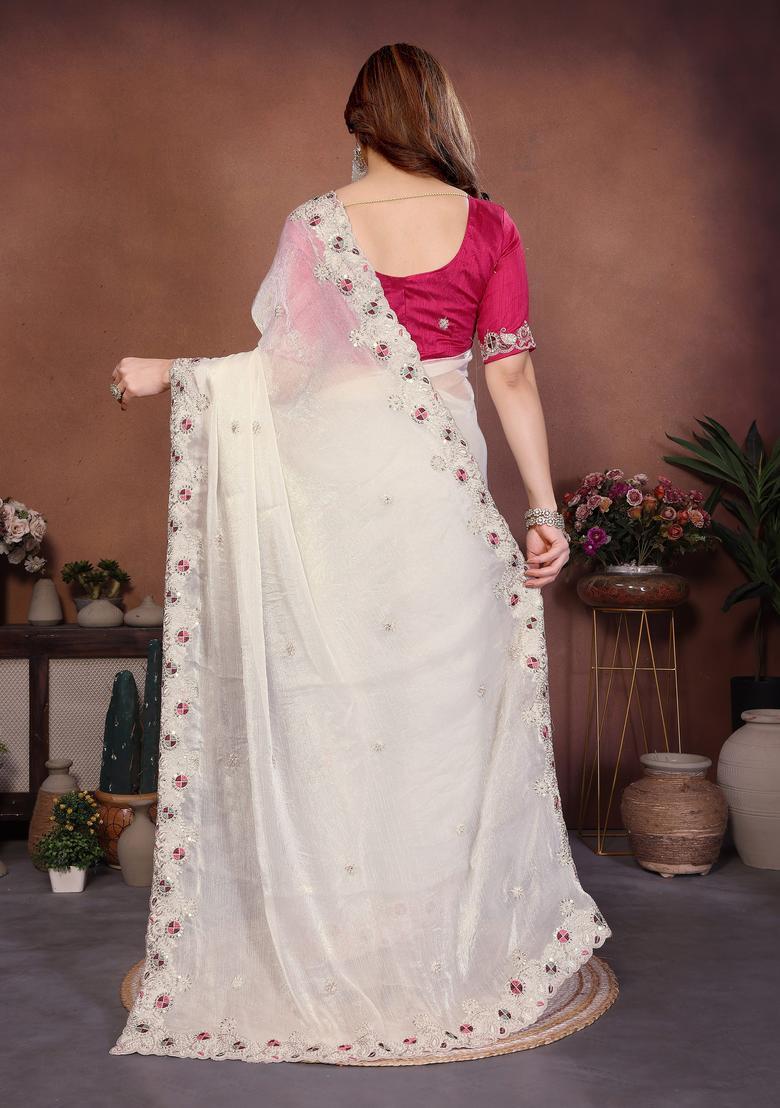 Cream Zari Work Chiffon Saree Set - Indya