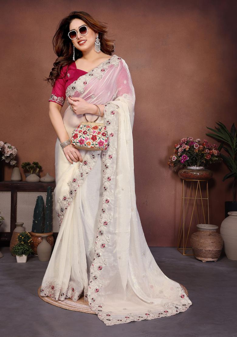 Cream Zari Work Chiffon Saree Set - Indya