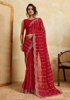 Red Zari Work Georgette Saree Set