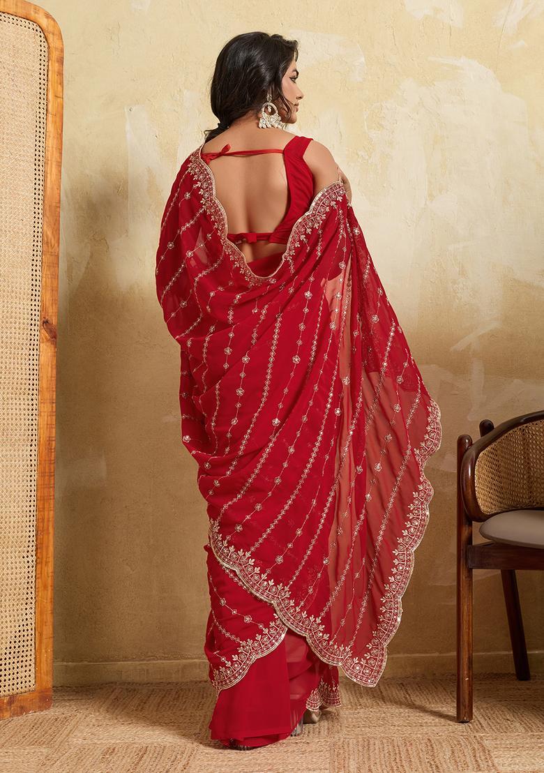 Red Zari Work Georgette Saree Set - Indya