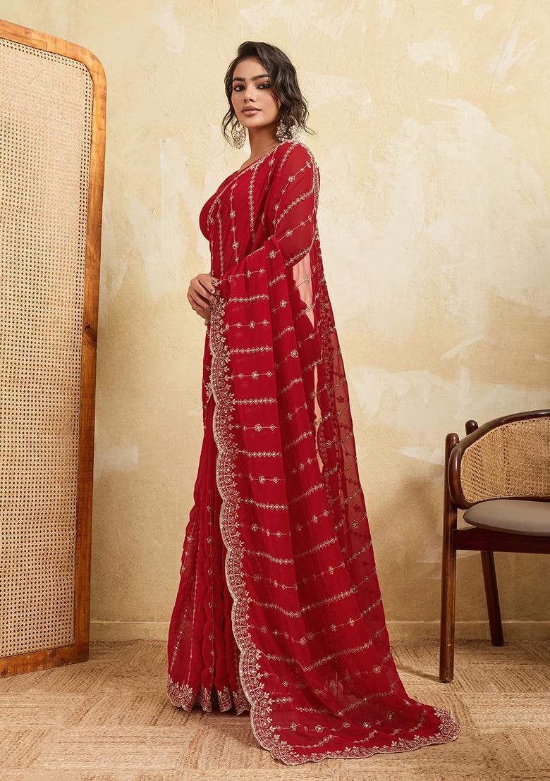 Red Zari Work Georgette Saree Set - Indya