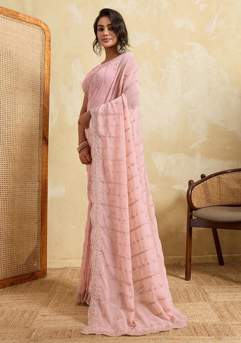 Pink Zari Work Georgette Saree Set - Indya