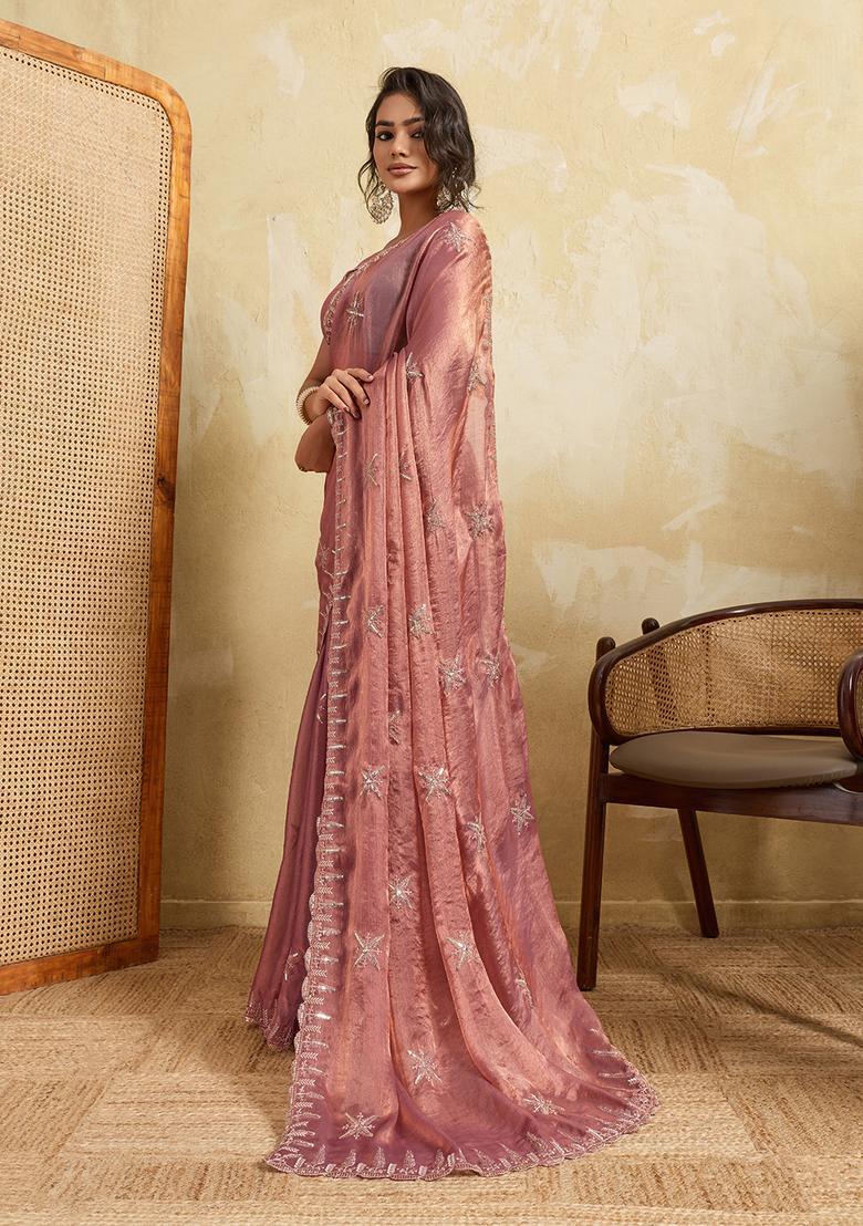 Purple Zari Work Chiffon Saree Set - Indya