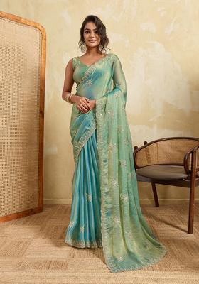 Sky Blue Zari Work Chiffon Saree Set