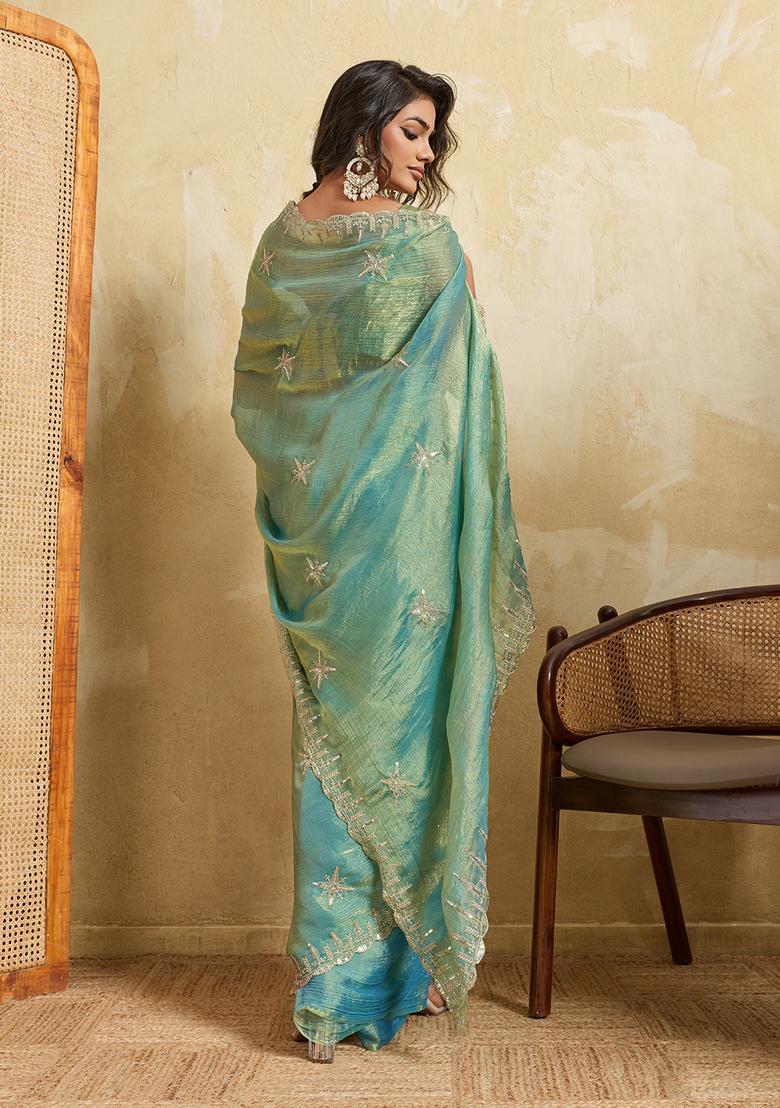 Sky Blue Zari Work Chiffon Saree Set - Indya