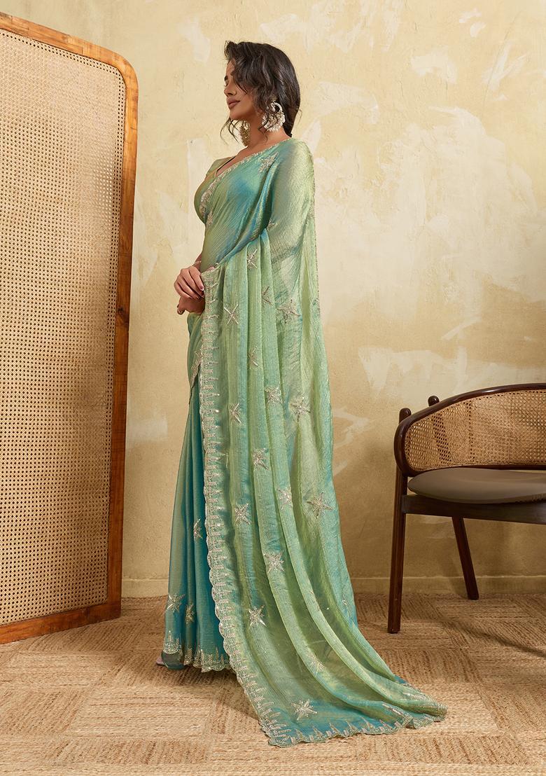 Sky Blue Zari Work Chiffon Saree Set - Indya
