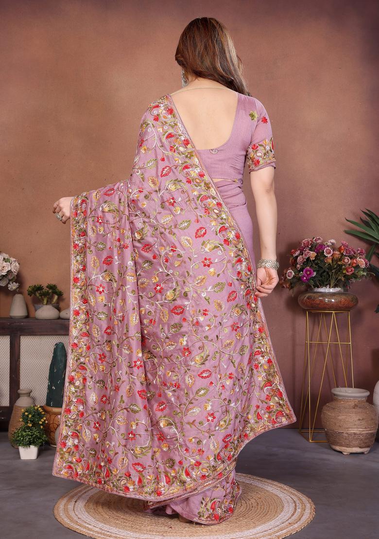 Pink Embroidery Silk Saree Set - Indya